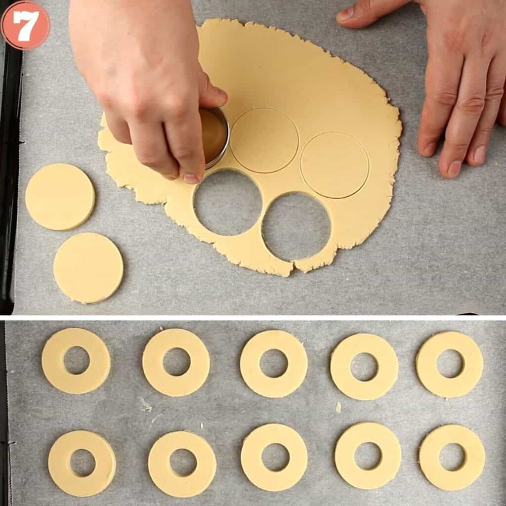 Cutting the dough with a round cookie cutter.