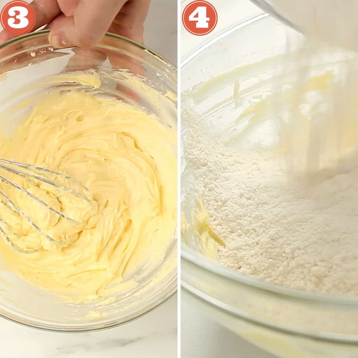 Collage showing stirring the butter mix with a balloon whisk then adding on the flour.